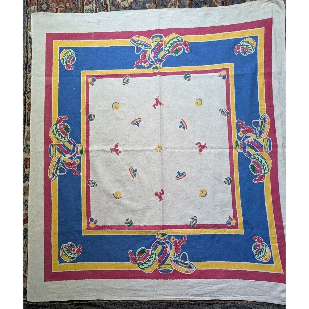 Vtg Startex Southwest Mexico Printed Tablecloth Sombrero Cactus Pottery 50x46